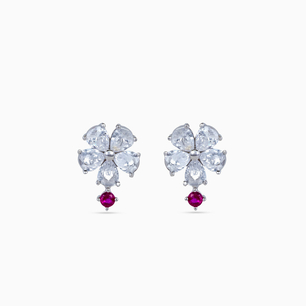 925 silver flower drop studs, rhodium, pear-cut crystals with ruby red drop, 1.5 × 1 cm