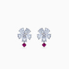 925 silver flower drop studs, rhodium, pear-cut crystals with ruby red drop, 1.5 × 1 cm