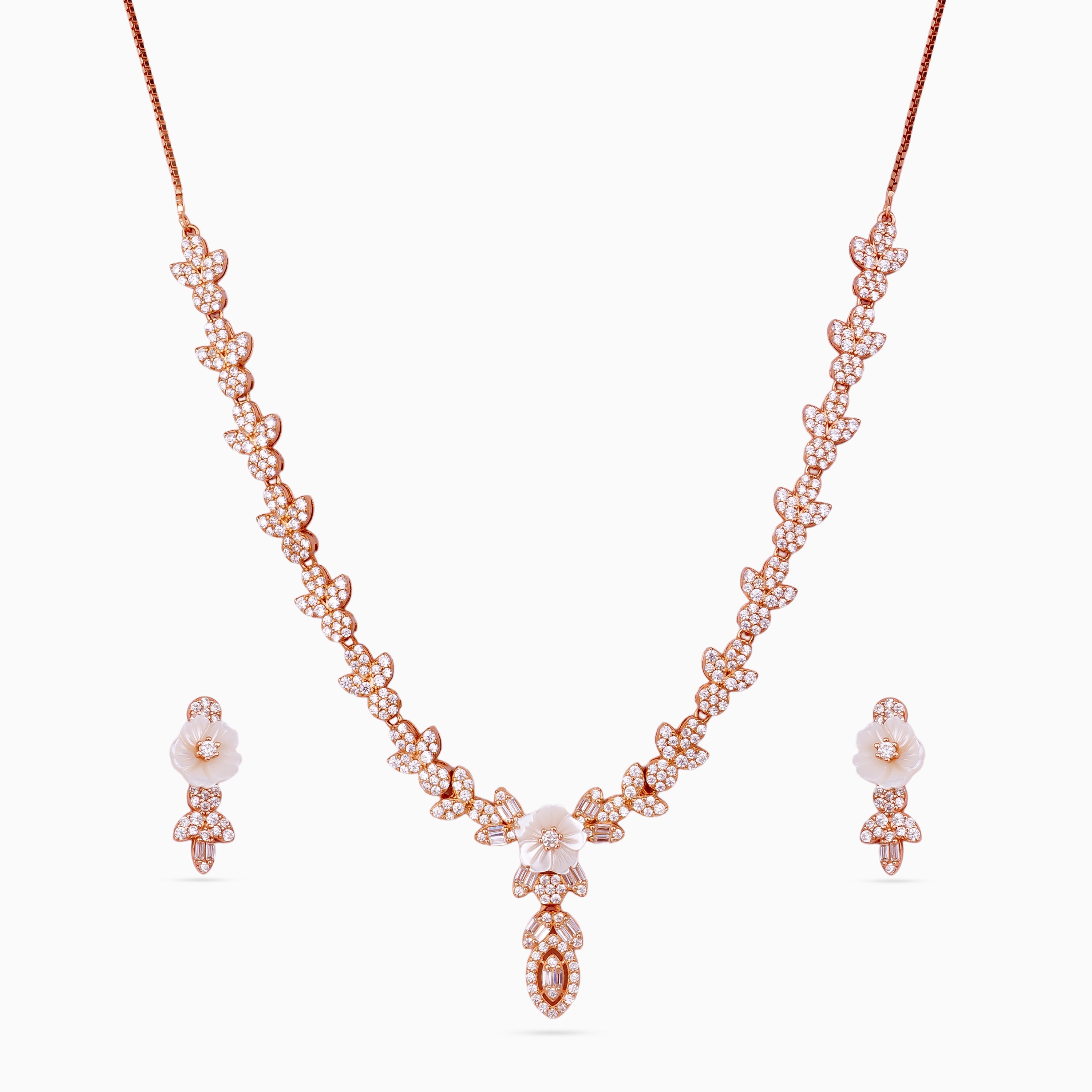 Pendant Set, Necklace Set, Rose gold, 925 sterling silver, Mother of pearl, Cubic zirconia, Floral, Occasion wear, Matching earrings