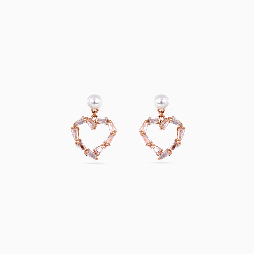 925 rose gold pearl heart baguette drop earrings, 1.5 × 1.3 cm