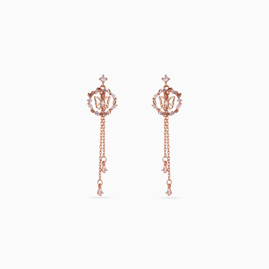 925 rose gold butterfly wreath chain drop earrings, CZ, 4.5 × 1.5 cm