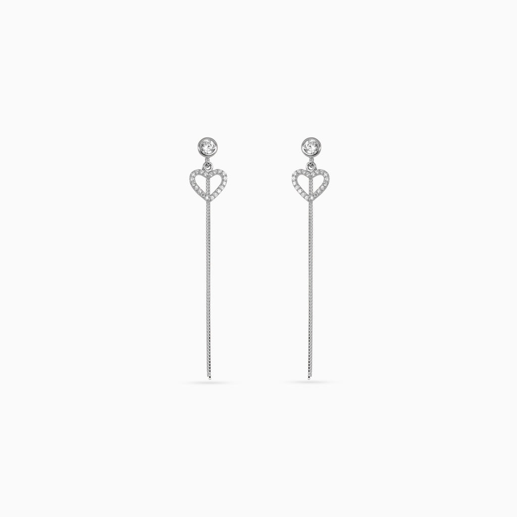 925 silver pavé heart chain drop earrings, bezel CZ, 5 × 1 cm