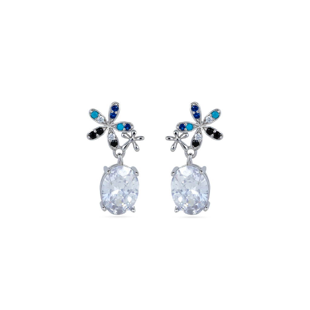 925 silver oval drop earrings, rhodium, blue teal black white pavé, clear oval, 1.5 × 0.7 cm
