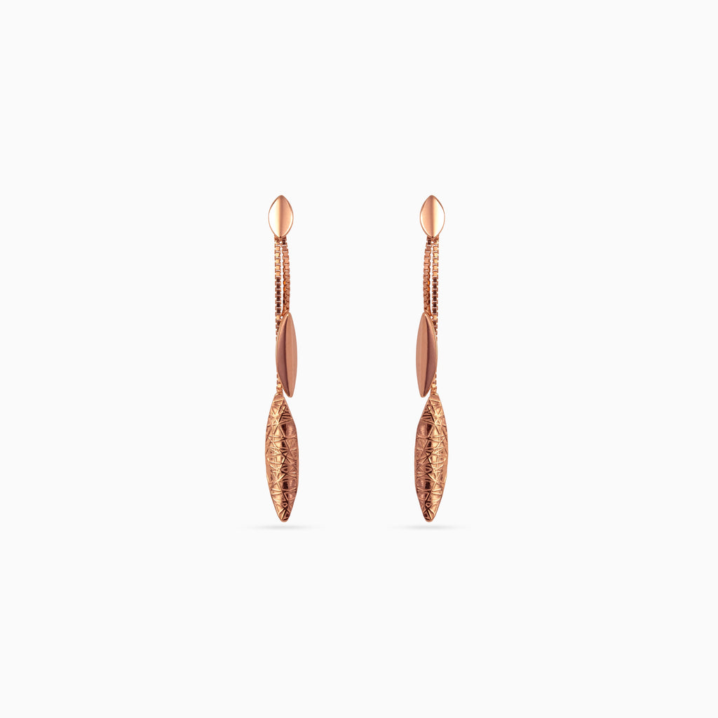 925 rose gold etched leaf linear drop earrings, twin strands, 5 × 0.5 cm