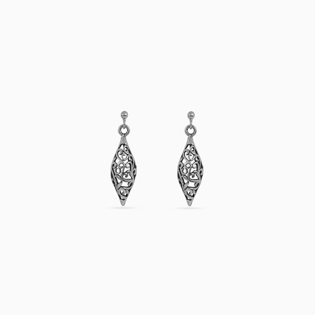 925 silver filigree leaf drop earrings, scrollwork, 3 × 0.7 cm