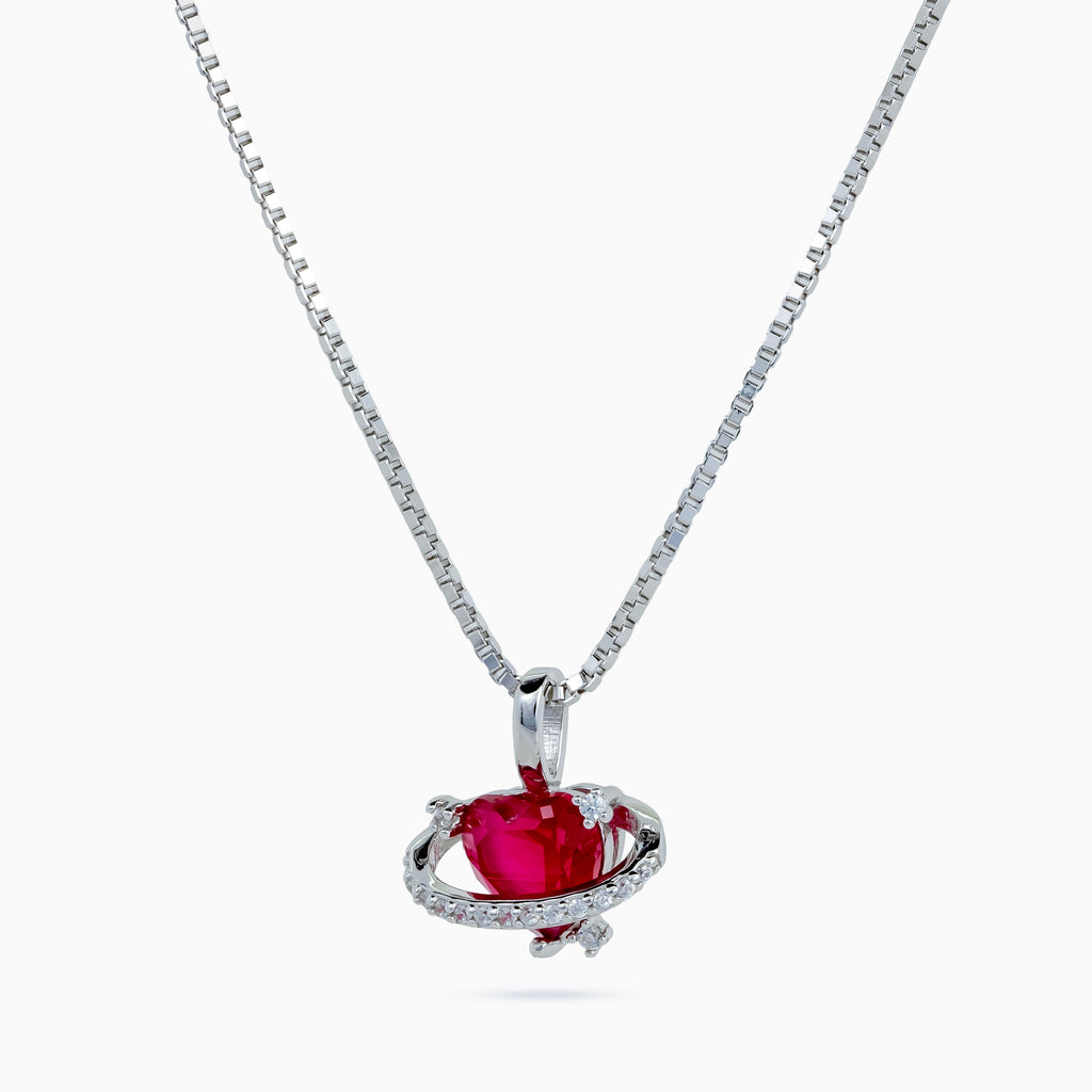 women’s 925 silver heart pendant necklace, rhodium finish, ruby red heart-cut cubic zirconia with pavé ring, box chain, 40 cm + 4 cm adjustable