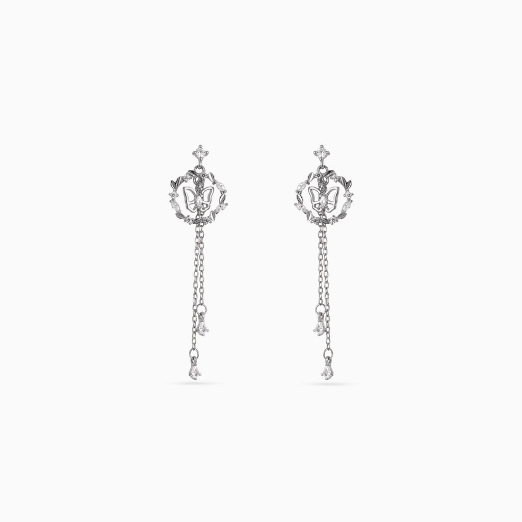 925 silver butterfly wreath chain drop earrings, CZ, 4.5 × 1.5 cm