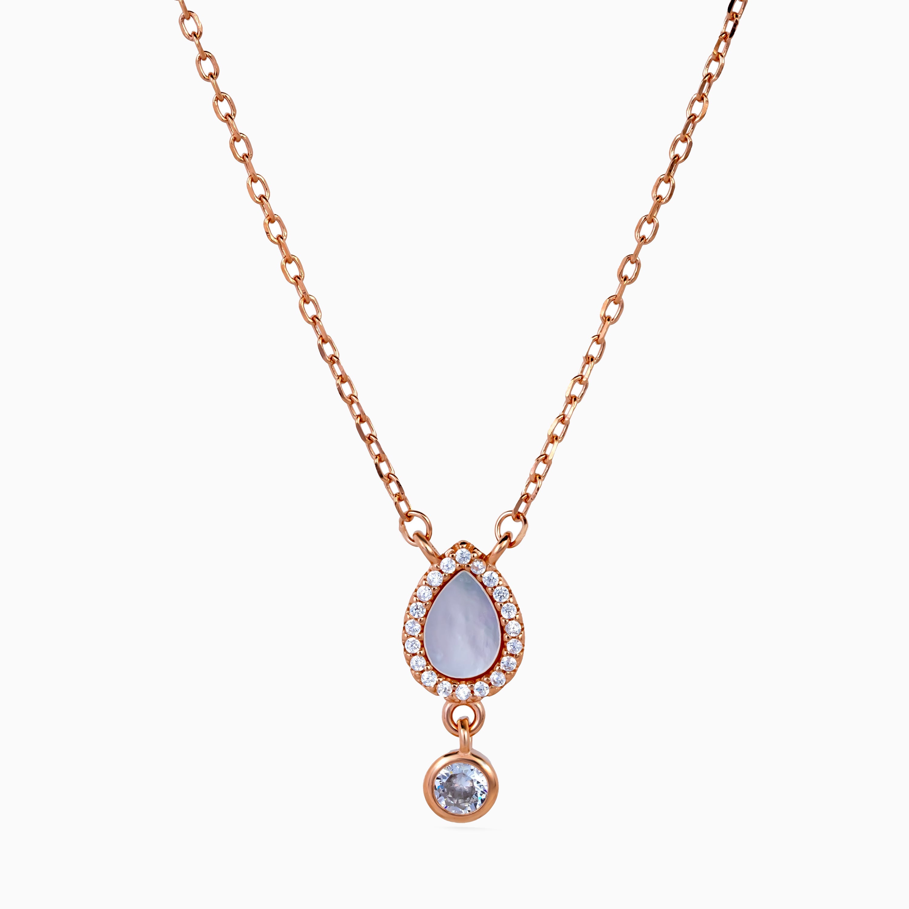 women’s 925 silver teardrop halo pearl pendant necklace, rose-gold finish, mother-of-pearl cabochon with micro-pavé and floating bezel drop, 46 cm + 5 cm adjustable