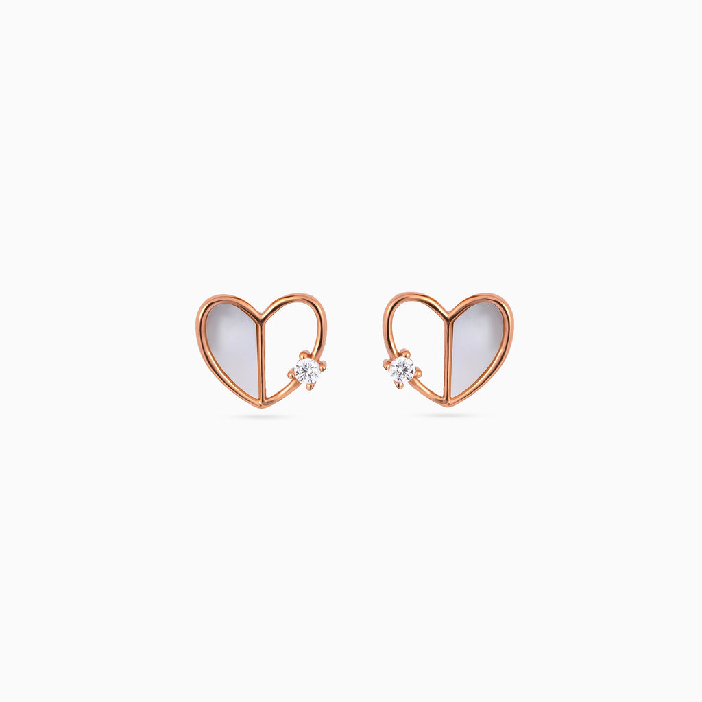 925 rose gold mother of pearl heart studs, CZ accent, 1 cm