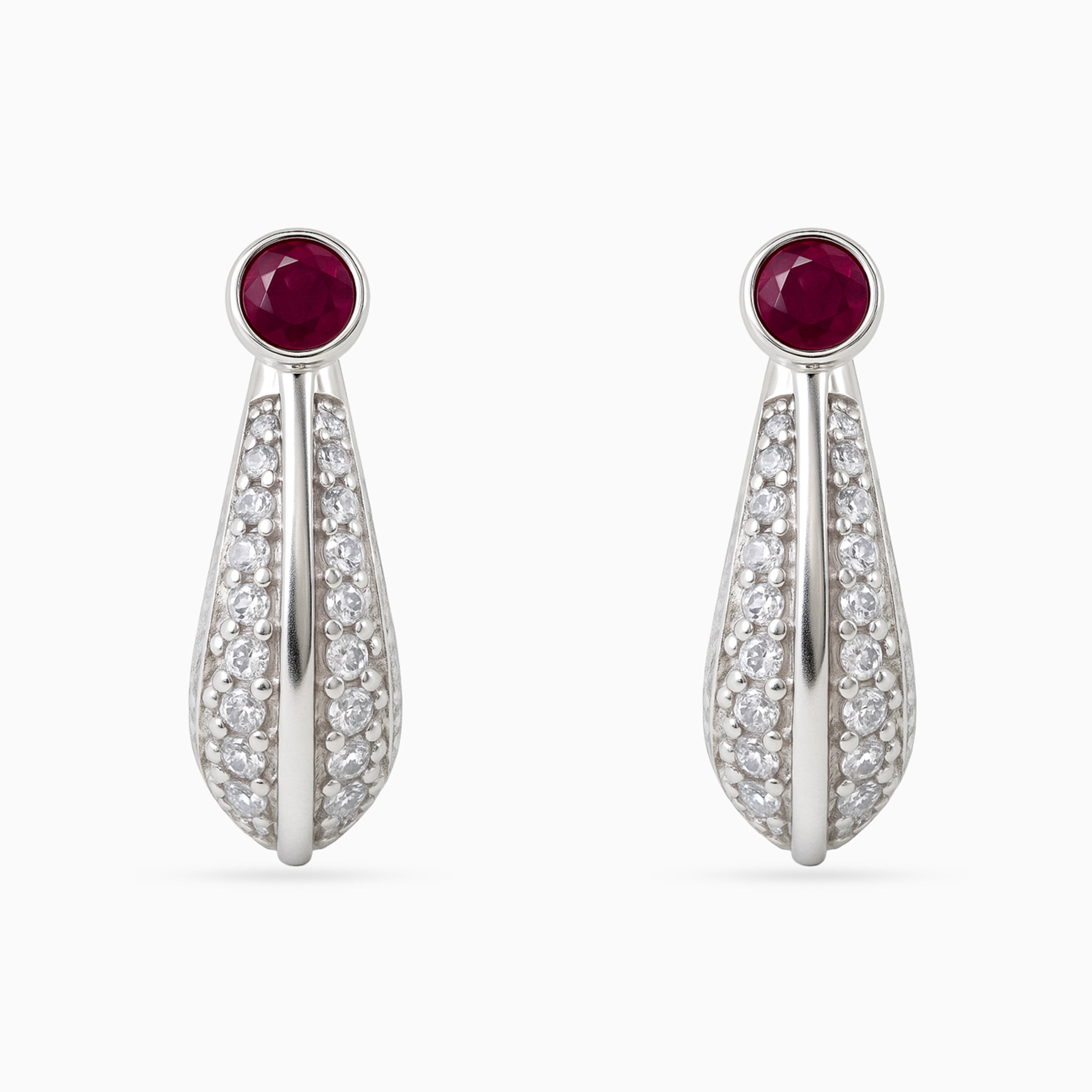 Silver Ruby Teardrop Pavé Huggies