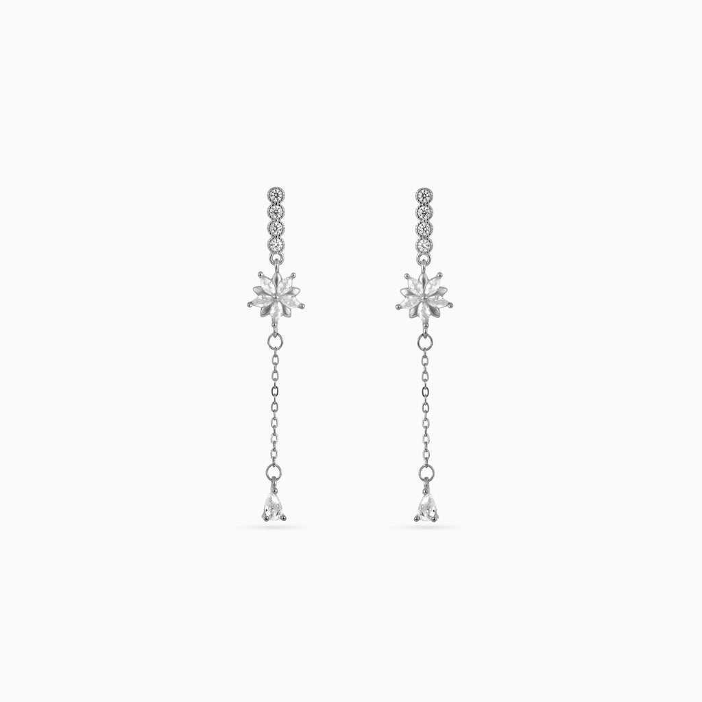 925 silver starburst chain drop earrings, pavé bar, pear CZ, 5 × 1 cm