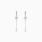 925 silver starburst chain drop earrings, pavé bar, pear CZ, 5 × 1 cm