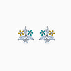 925 silver floral studs, rhodium, marquise CZ, teal yellow blue enamel, 1.2 cm