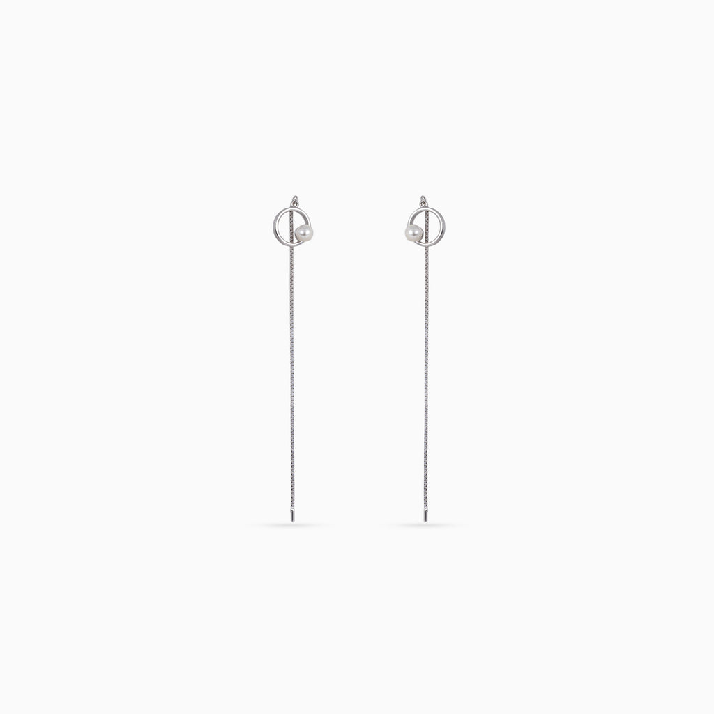 925 silver pearl threader drop earrings, open circle, 4.2 × 1 cm