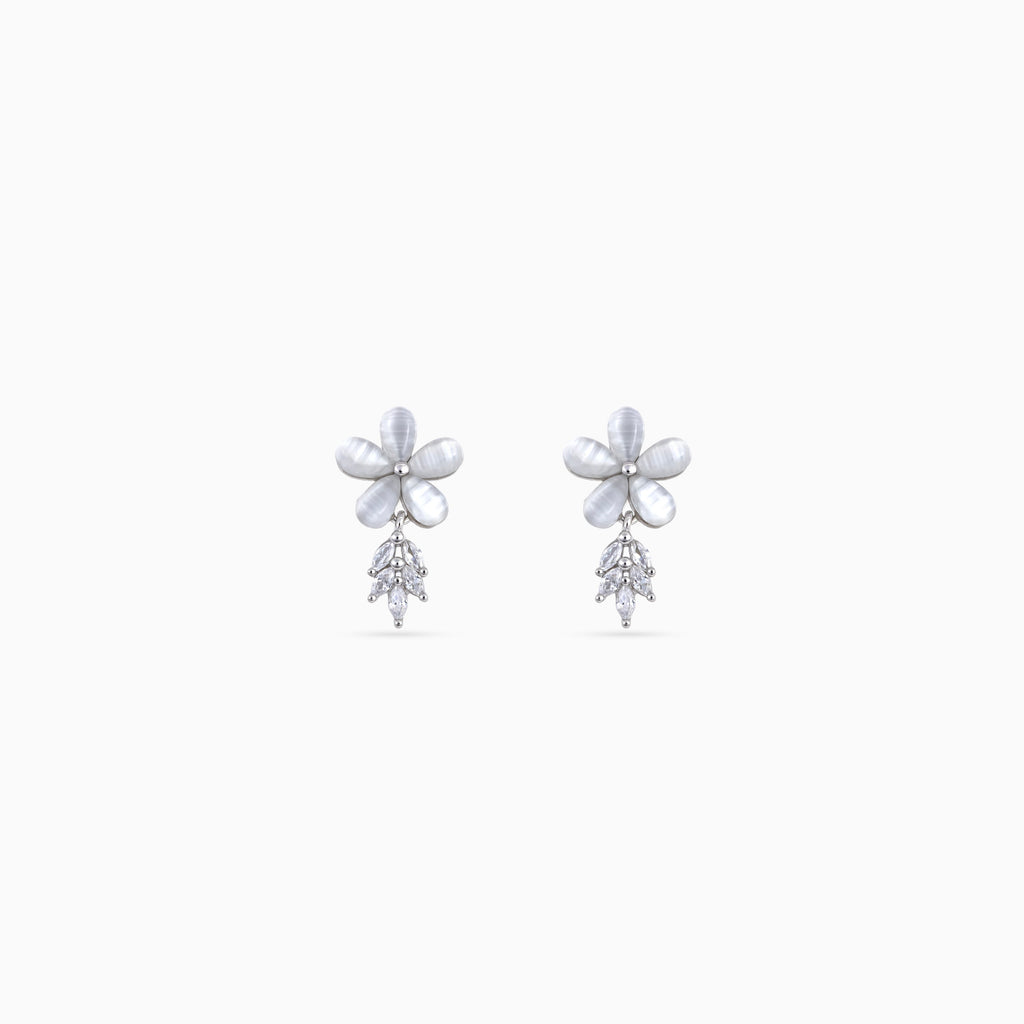 925 silver ivory flower drop studs, rhodium, marquise CZ leaves, 1.8 × 1 cm