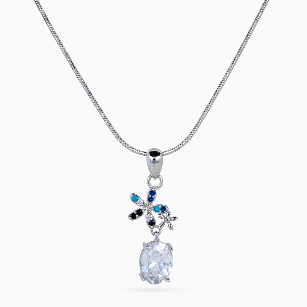 925 sterling silver, rhodium, Azure Bloom Drop Necklace, (Secret Garden), 2x0.5 cm, 45 cm chain