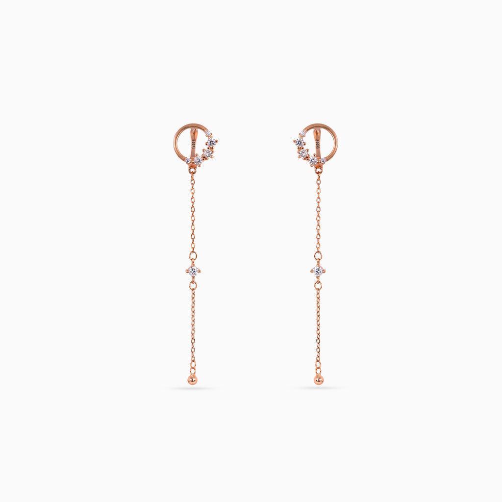 925 rose gold long chain earrings, huggie, CZ stations, 7.2 × 1.3 cm