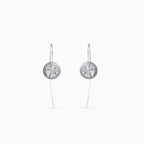 925 silver starburst hook drop earrings, satin disc, CZ accents, 5 × 1 cm