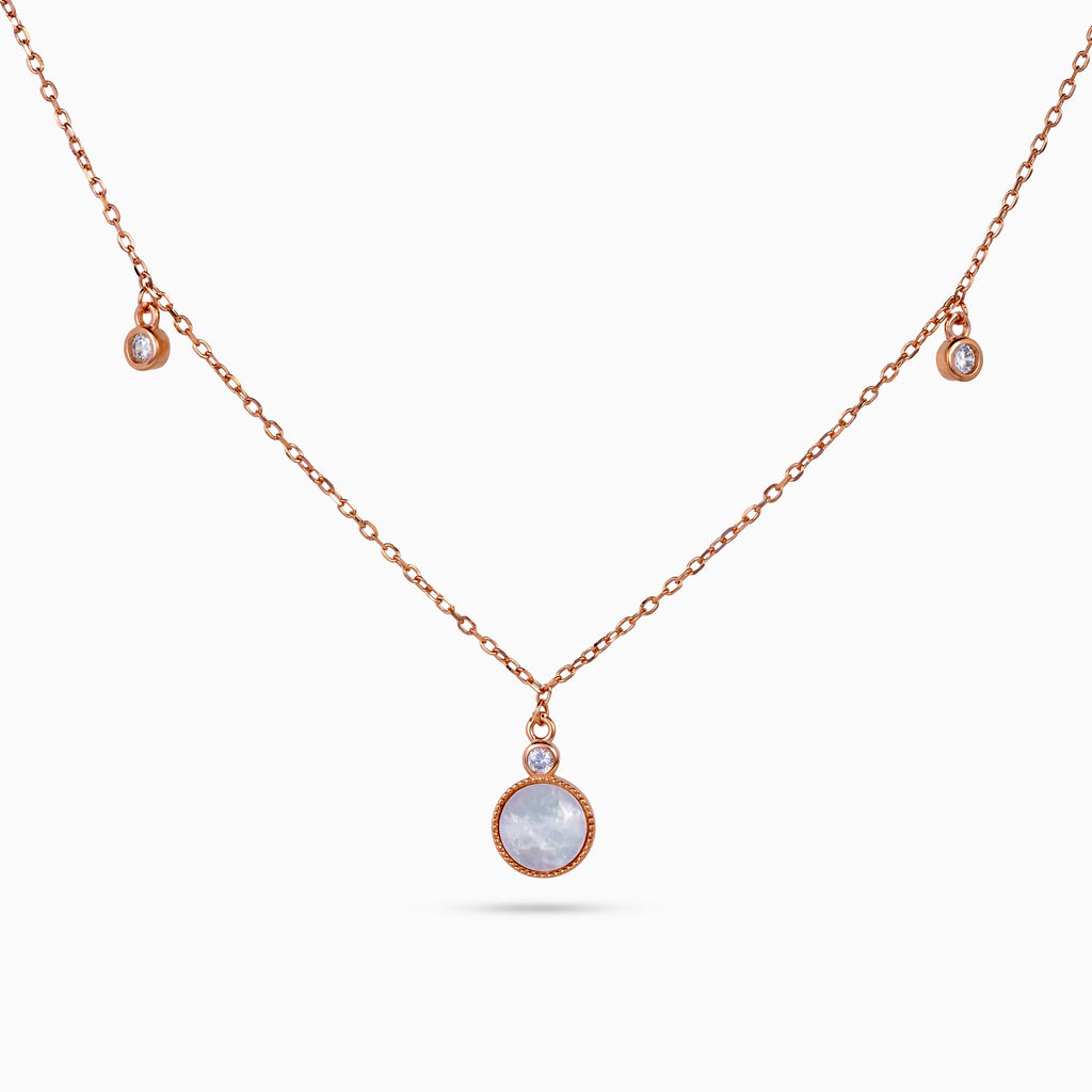 women’s 925 silver station necklace, rose-gold finish, mother-of-pearl medallion with bezel CZ and two CZ drops, 46 cm + 4 cm adjustable