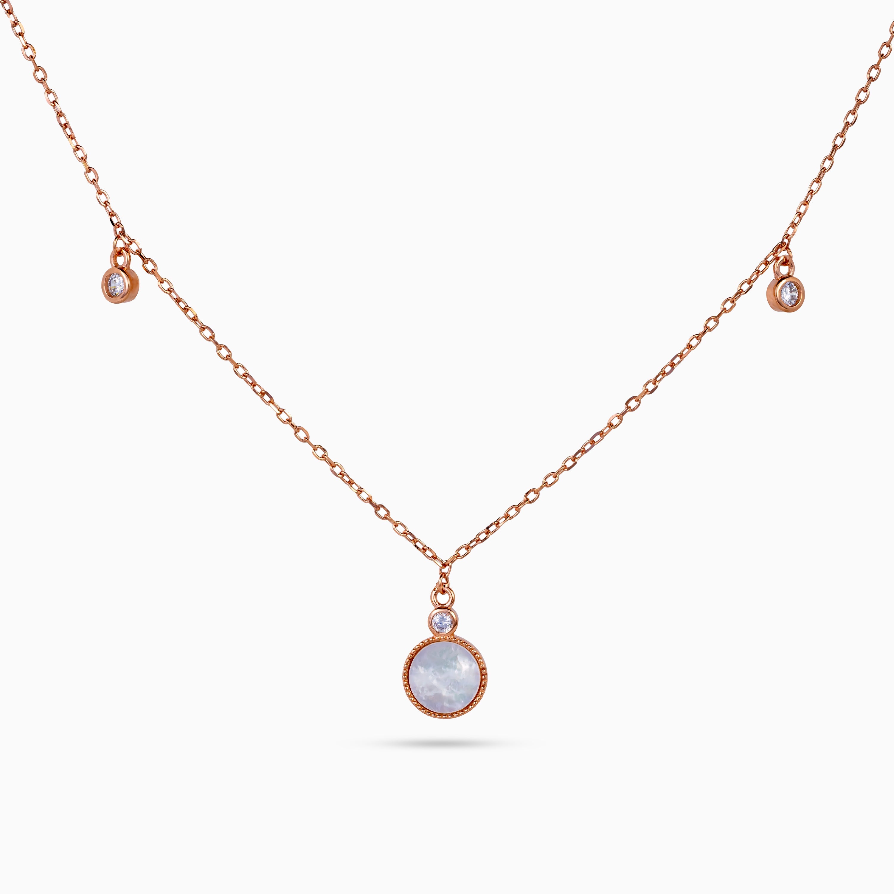 women’s 925 silver station necklace, rose-gold finish, mother-of-pearl medallion with bezel CZ and two CZ drops, 46 cm + 4 cm adjustable