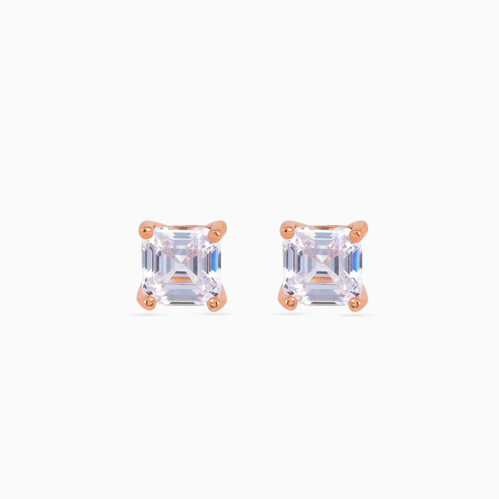 925 silver asscher cut solitaire studs, rose gold plated, clear cubic zirconia, 0.5 cm, Studs