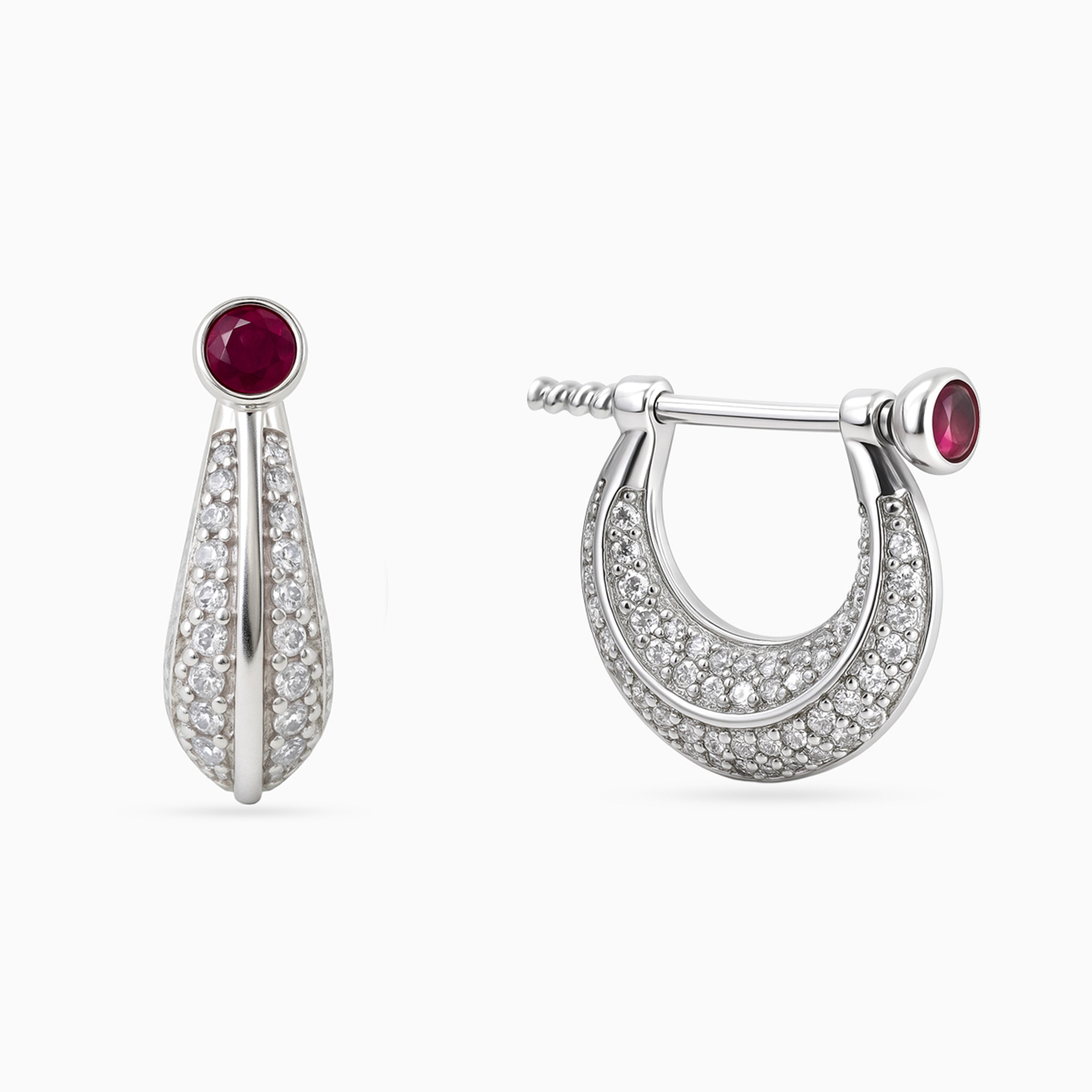 Silver Ruby Teardrop Pavé Huggies