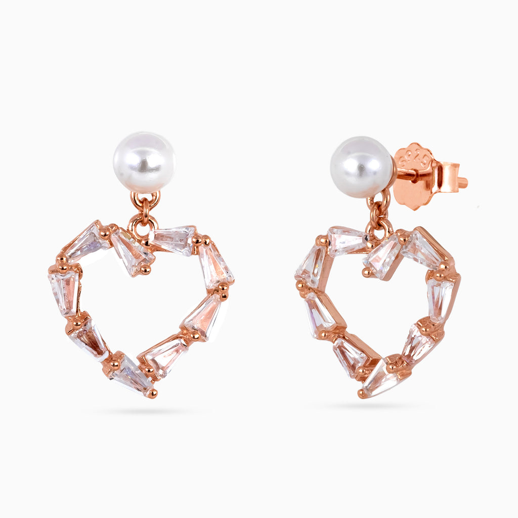 Rose gold Pearl Heart Baguette Drops