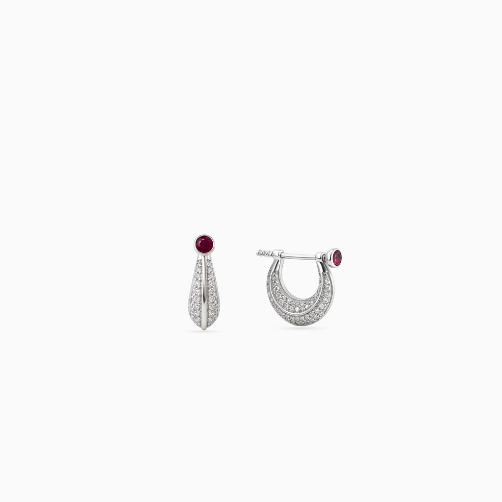 Silver Ruby Teardrop Pavé Huggies