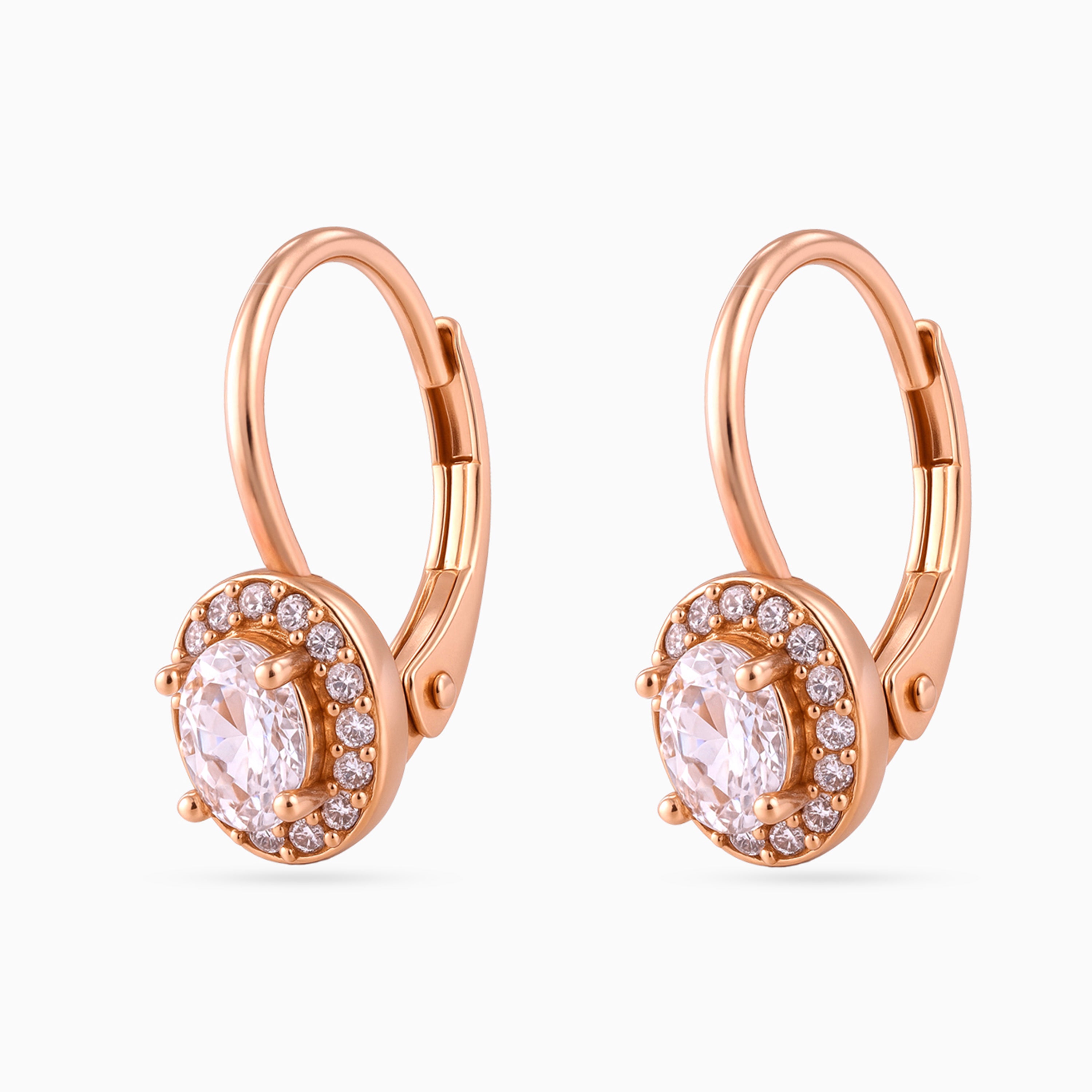 Rose gold Oval Halo Leverback Drops