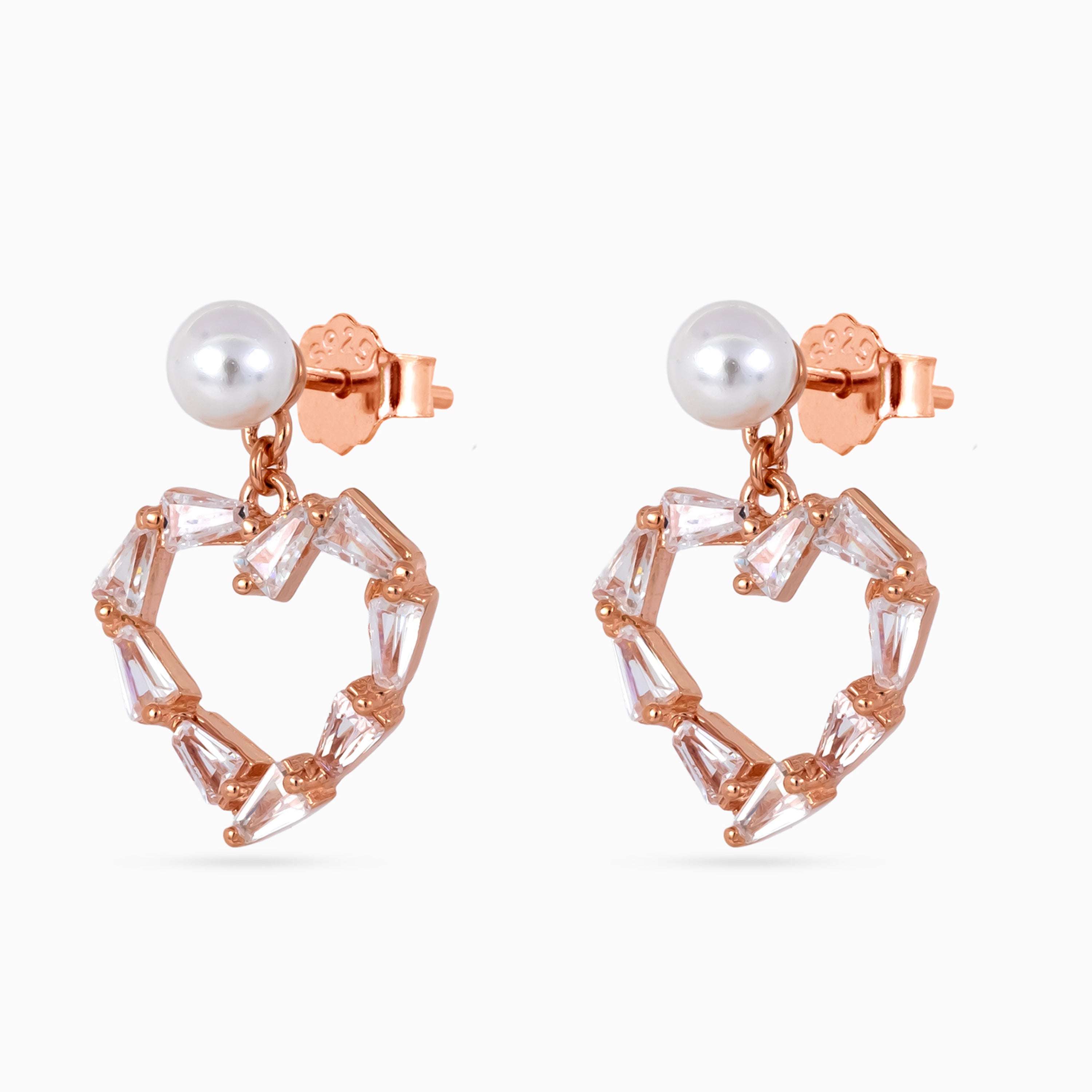 Rose gold Pearl Heart Baguette Drops