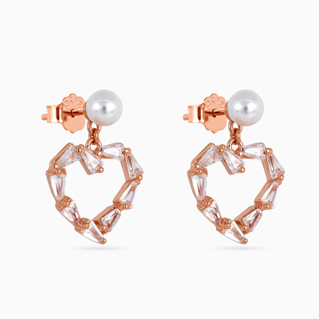 Rose gold Pearl Heart Baguette Drops