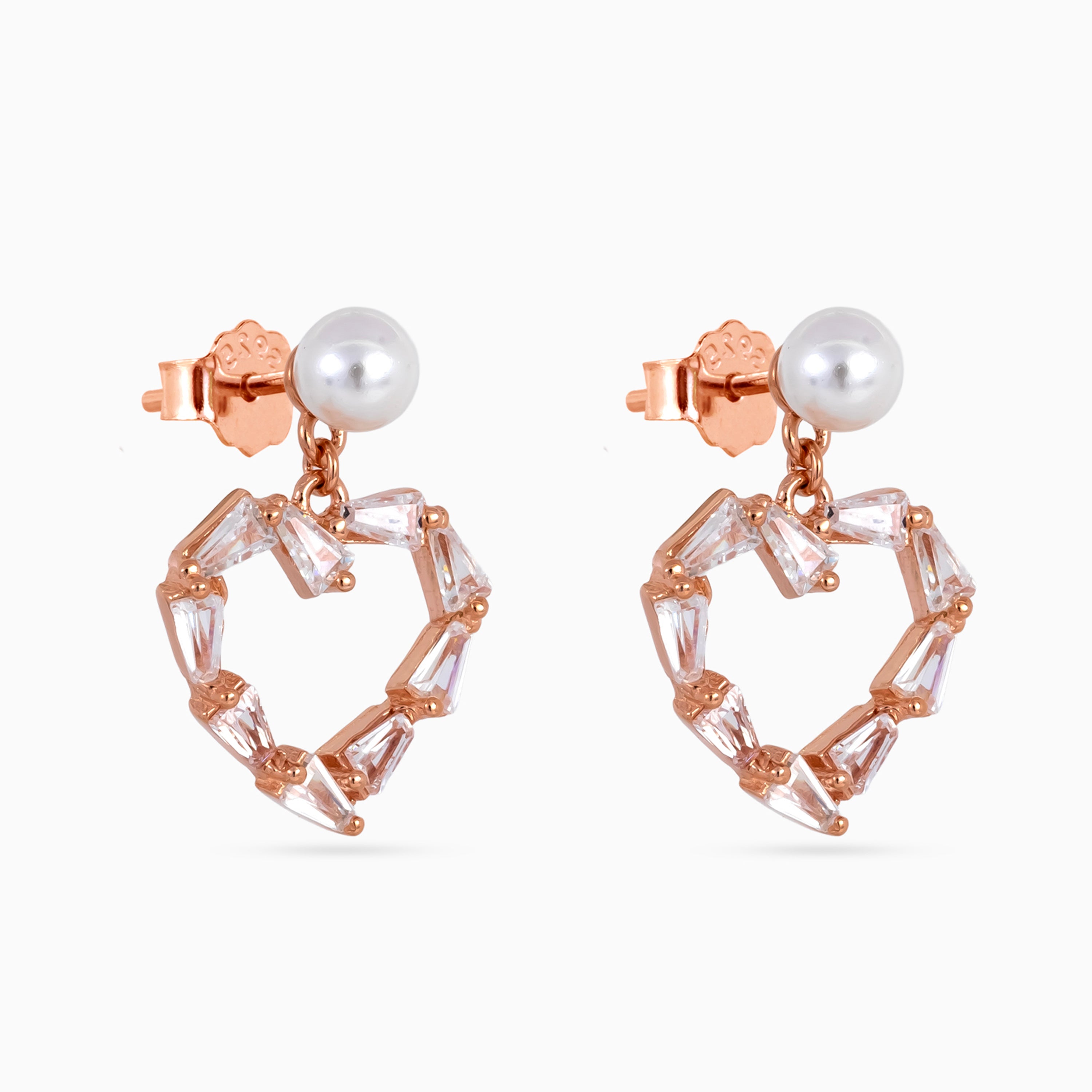 Rose gold Pearl Heart Baguette Drops