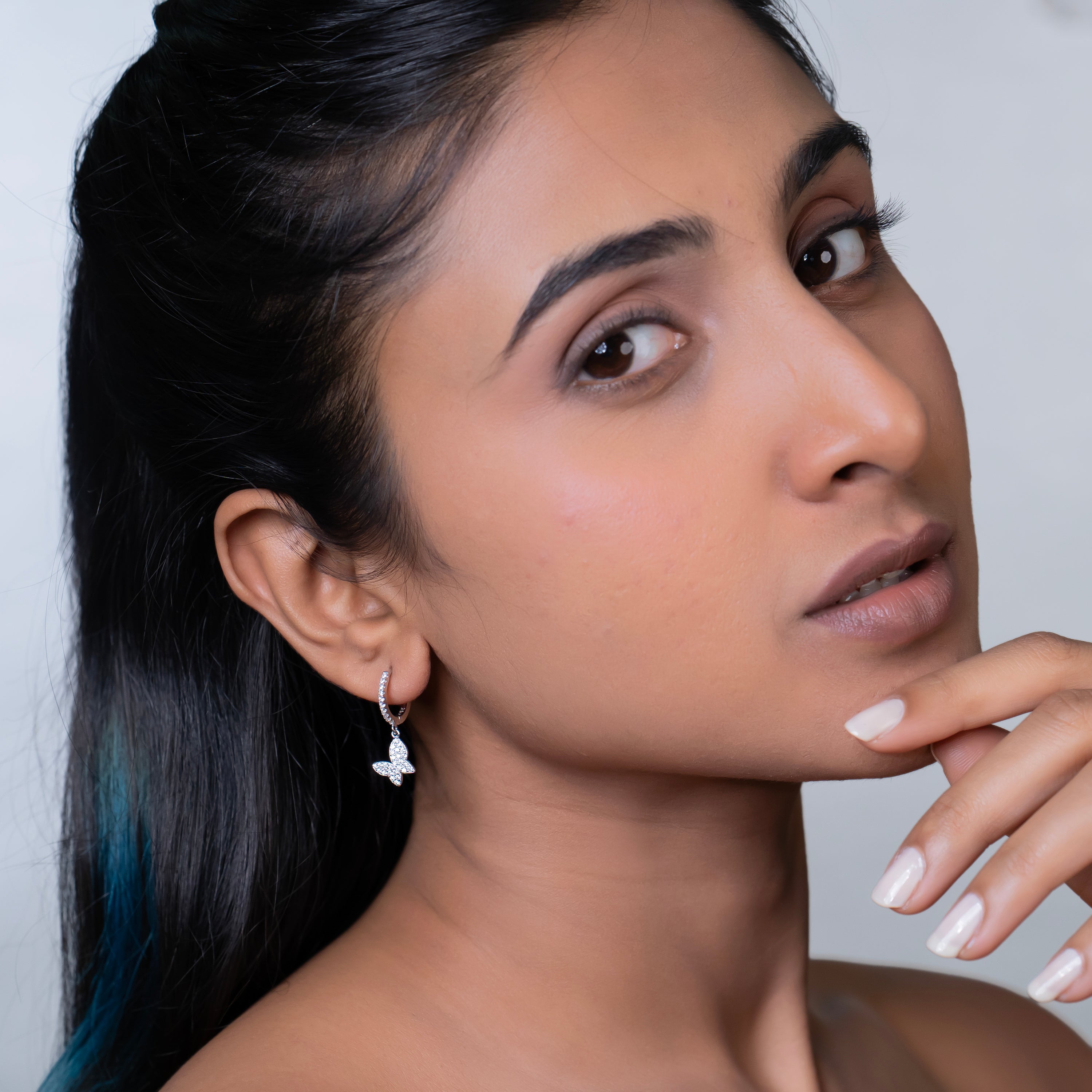 Silver Butterfly Pavé Huggie Drops