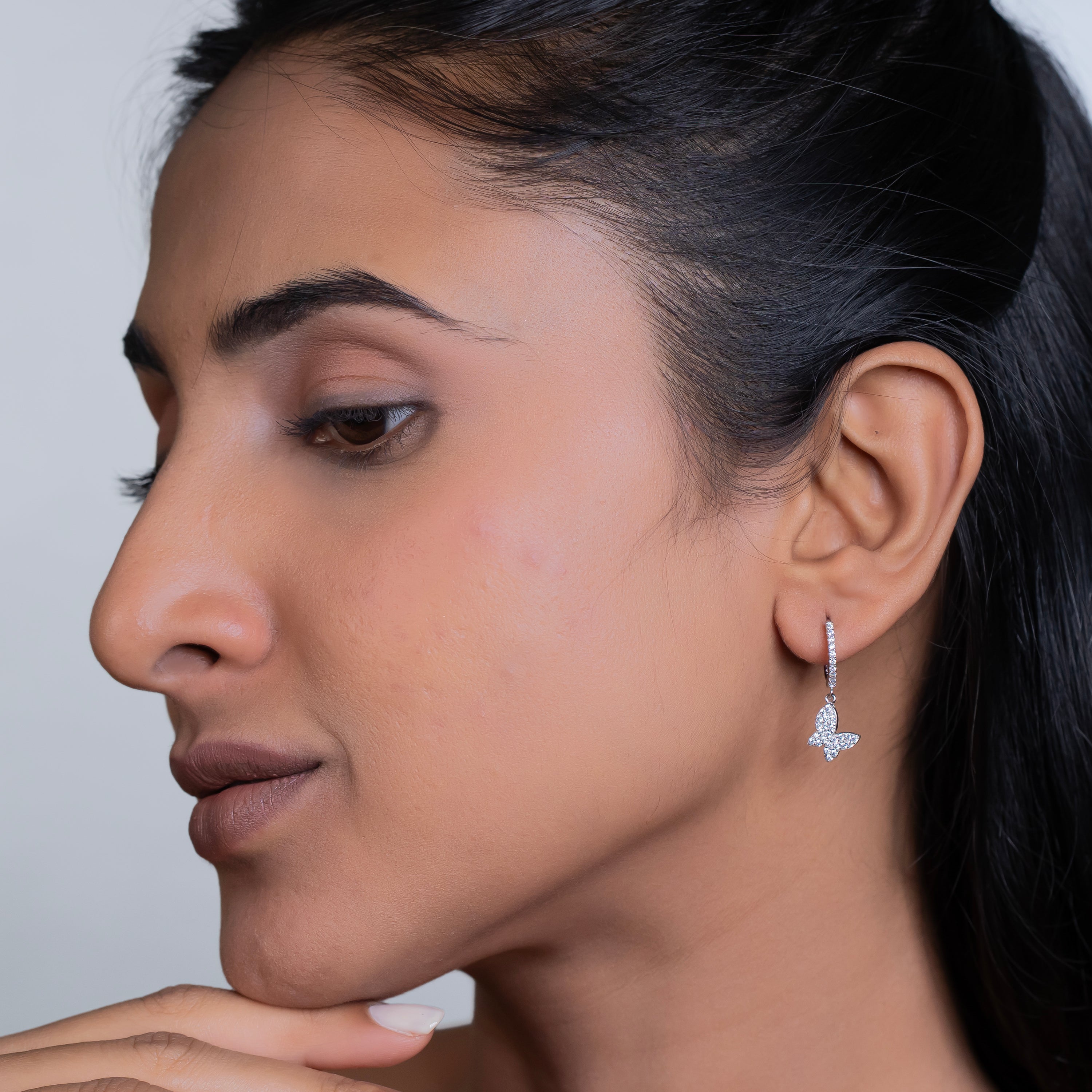 Silver Butterfly Pavé Huggie Drops
