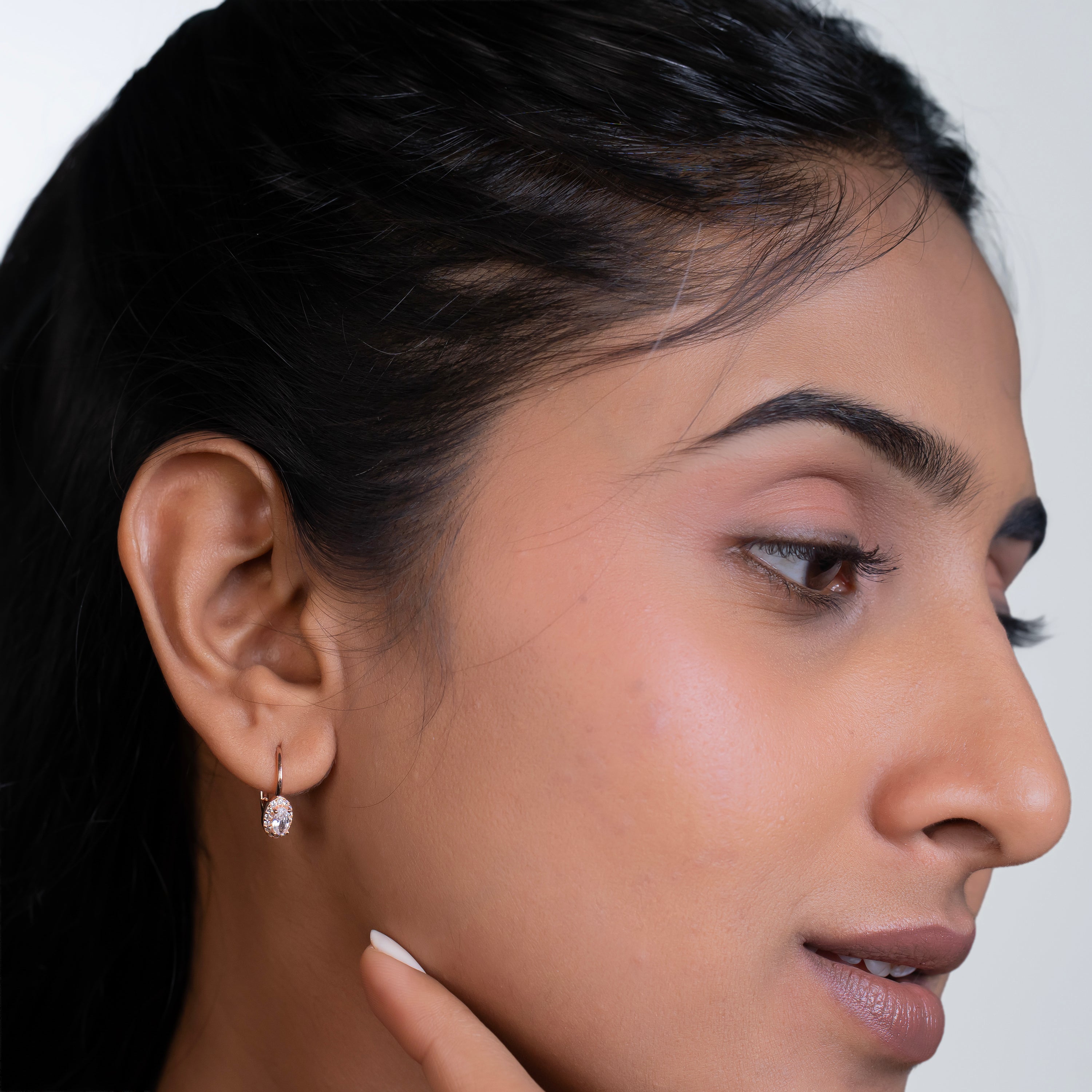 Rose gold Oval Halo Leverback Drops