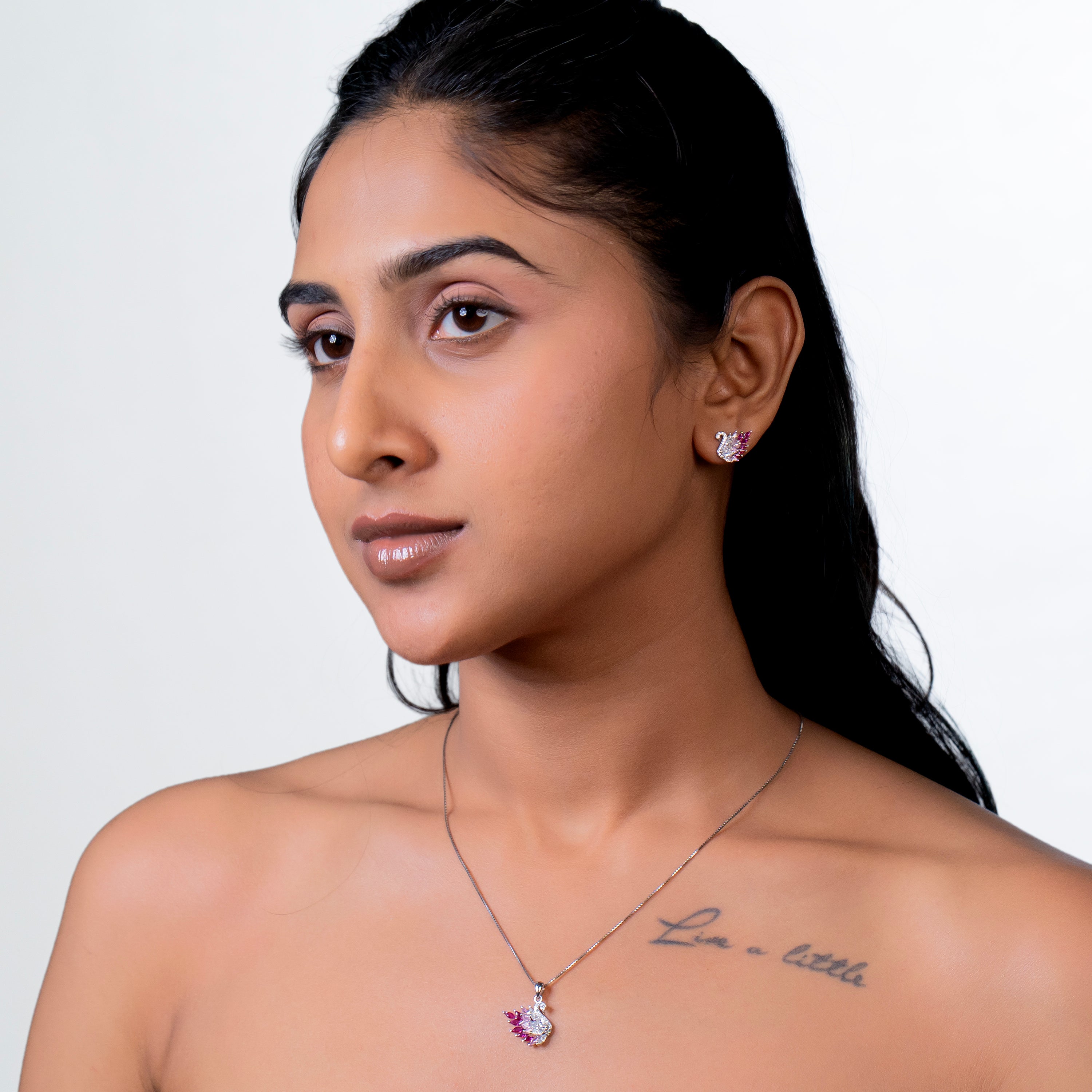 Fuchsia Plume Swan Pendant Set