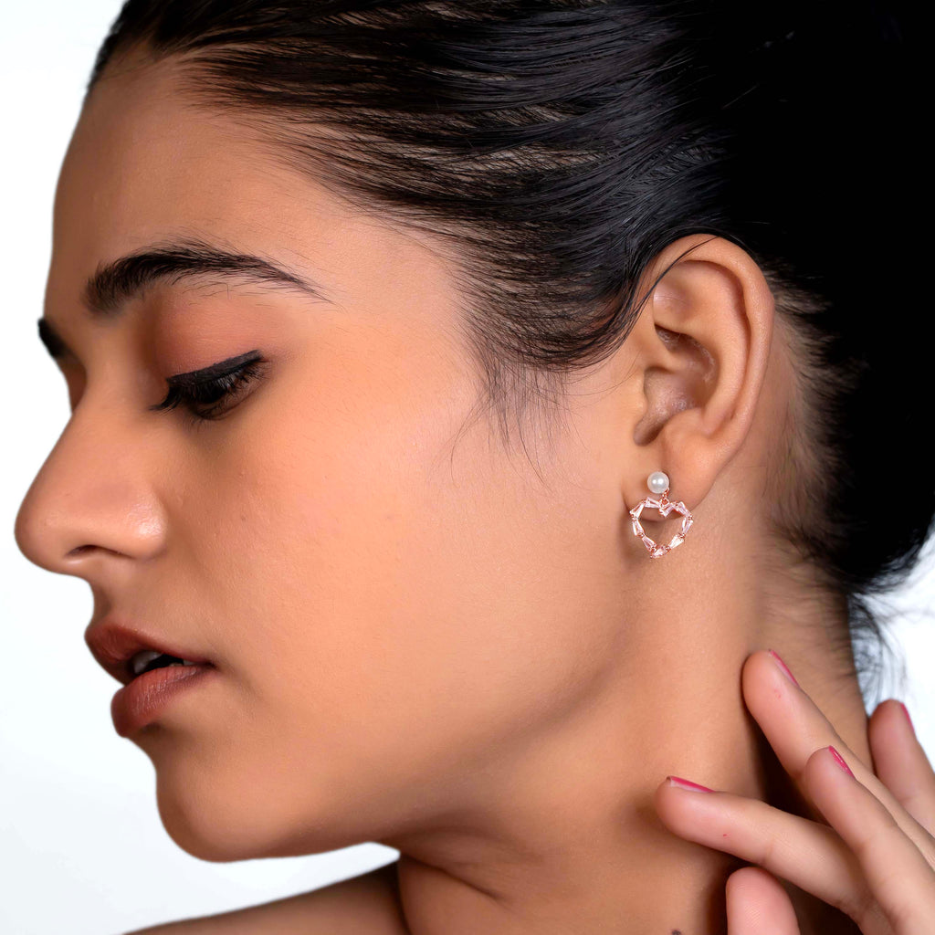 Rose gold Pearl Heart Baguette Drops