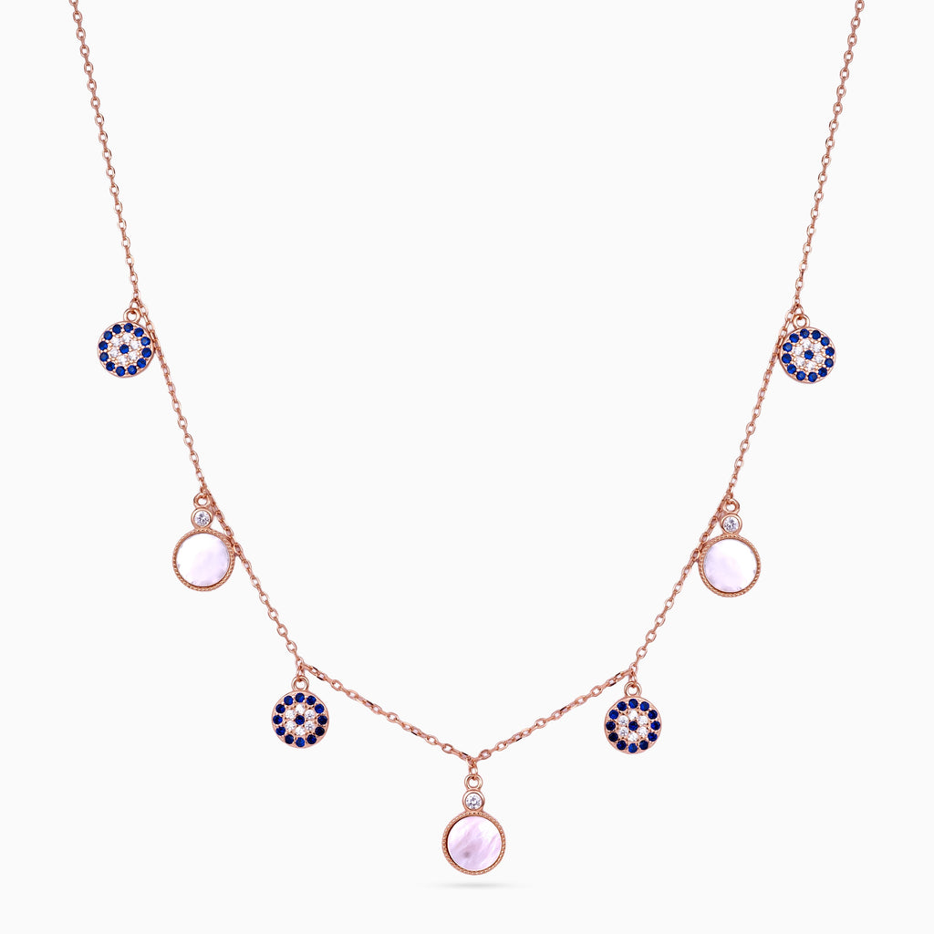 women’s 925 silver charm station necklace, rose-gold finish, alternating mother-of-pearl discs and midnight-blue pavé medallions, 46 cm + 5 cm adjustable