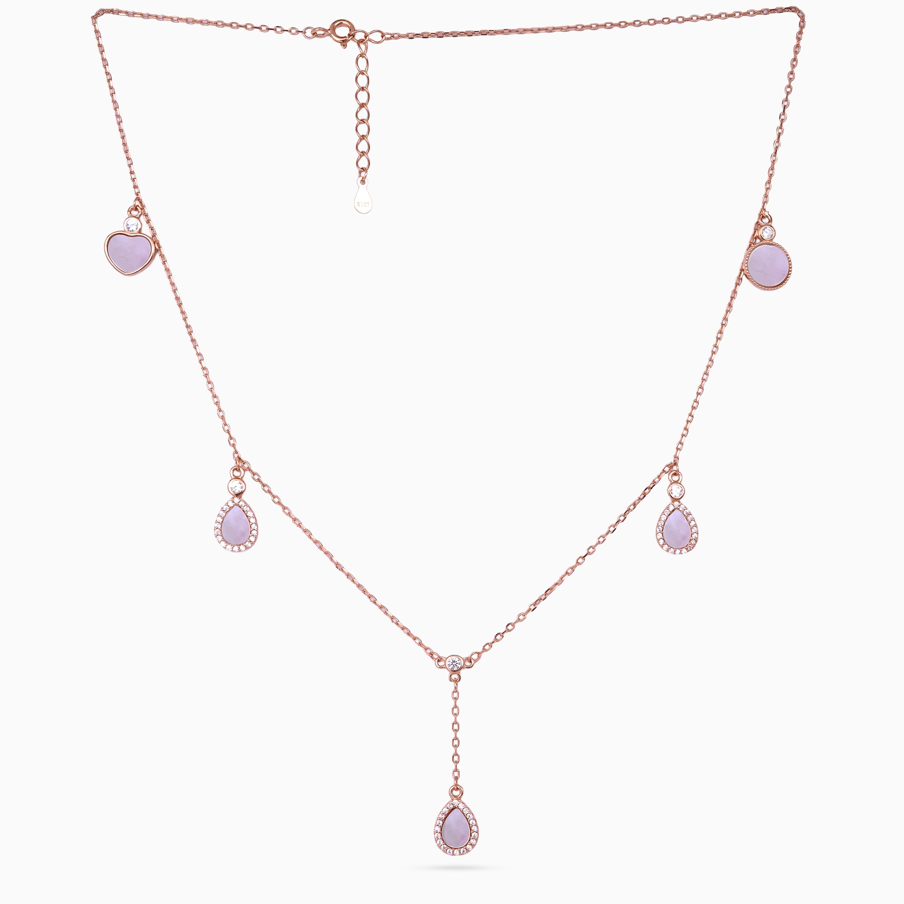 women’s 925 silver charm station necklace, rose-gold finish, pear-shaped CZ halo drops with heart and coin charms, 46 cm + 4 cm adjustable