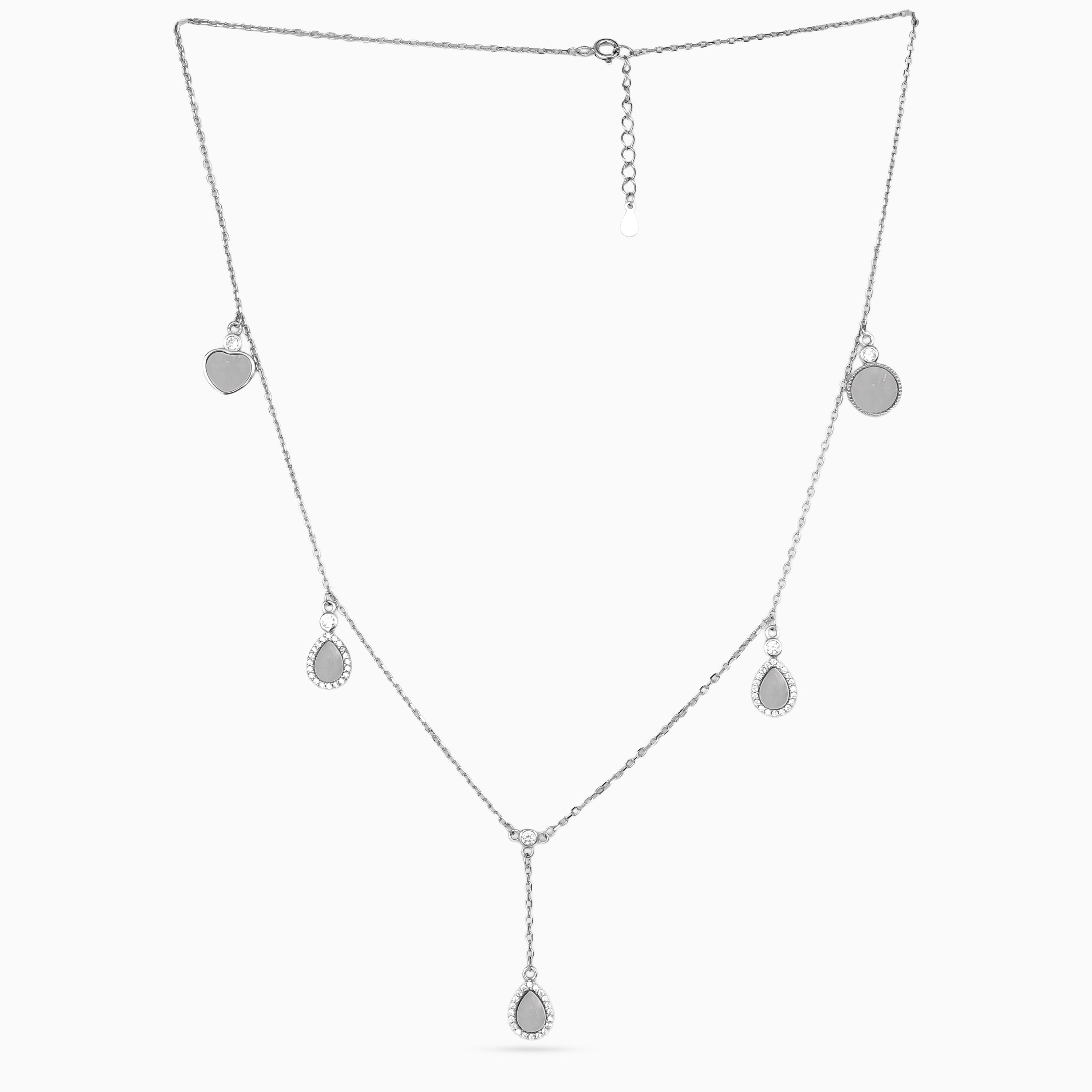women’s 925 silver charm station necklace, rhodium finish, pear-shaped CZ halo drops with heart and coin charms, 46 cm + 4 cm adjustable