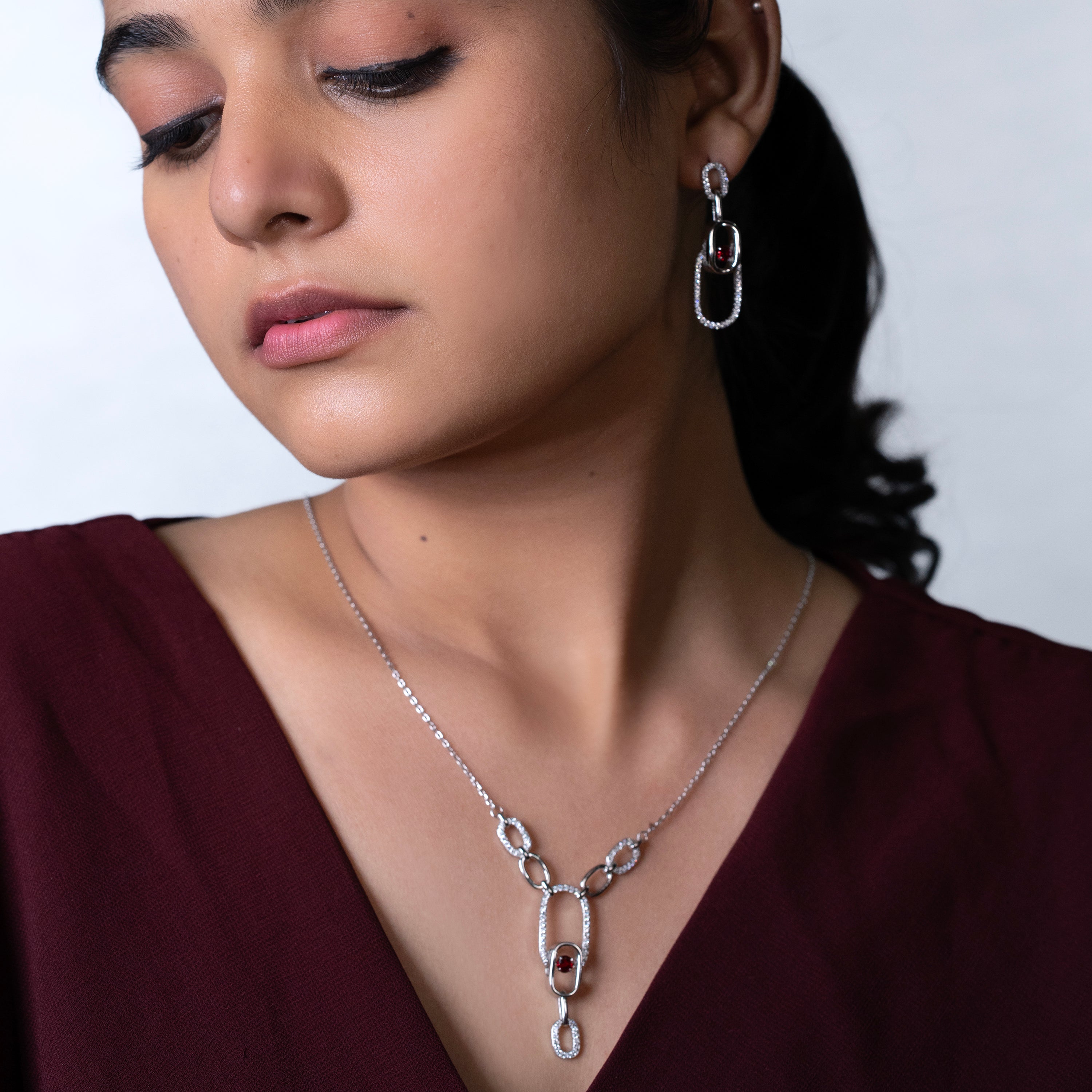 Garnet Link Halo Necklace Set