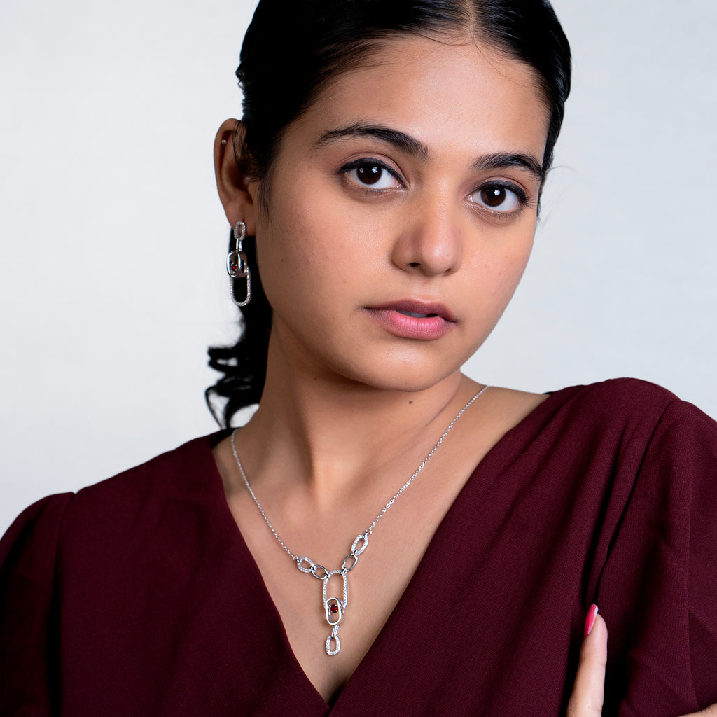 Garnet Link Halo Necklace Set