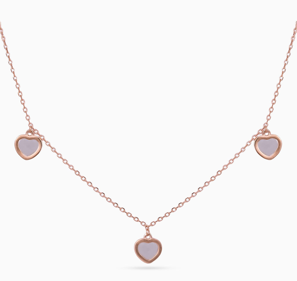 women’s 925 silver heart station necklace, rose-gold finish, five bezel-set mother-of-pearl hearts, 46 cm + 5 cm adjustable