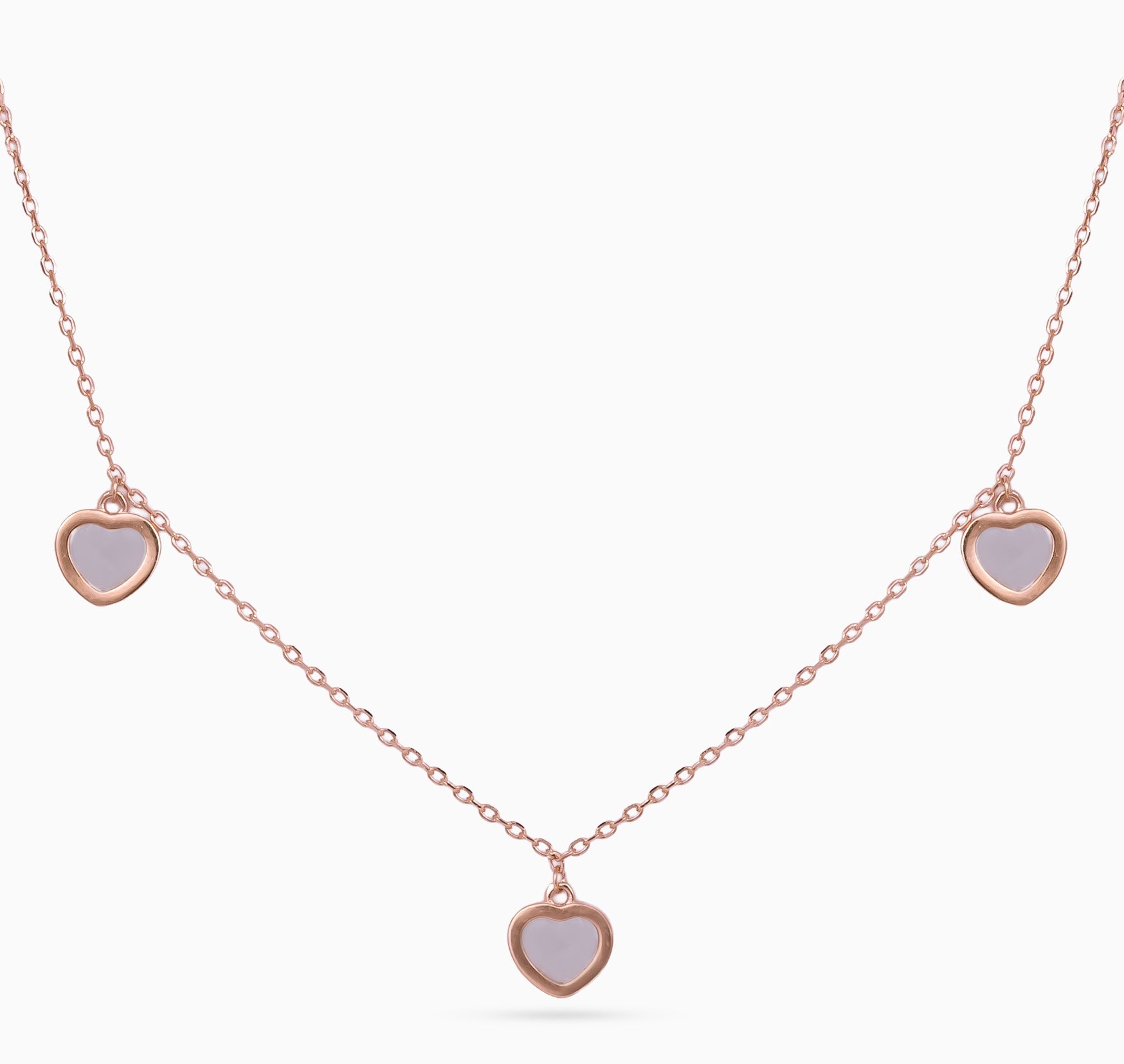 women’s 925 silver heart station necklace, rose-gold finish, five bezel-set mother-of-pearl hearts, 46 cm + 5 cm adjustable