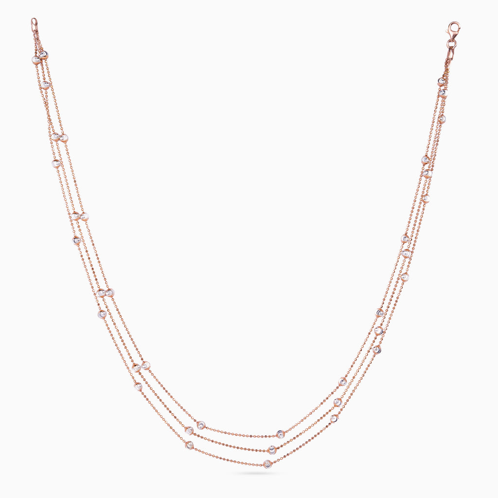 women’s 925 silver three-row bead station necklace, rose-gold finish with CZ stations, 40 cm