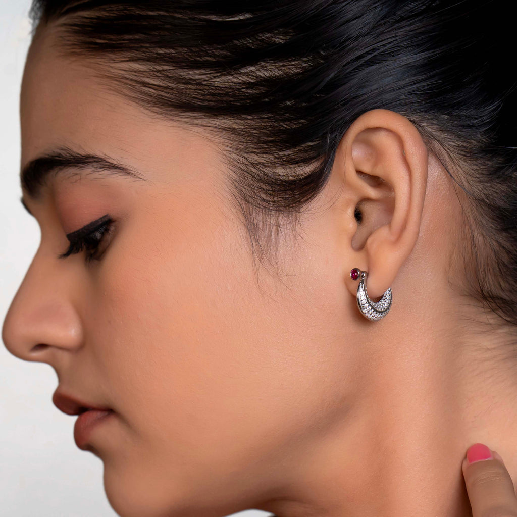 Silver Ruby Teardrop Pavé Huggies