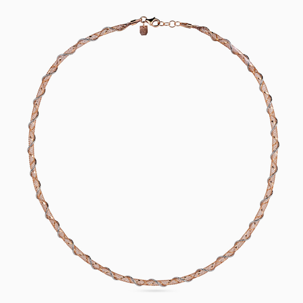 women’s 925 silver mesh collar necklace, rose-gold mesh with rhodium spiral wrap, 46 cm