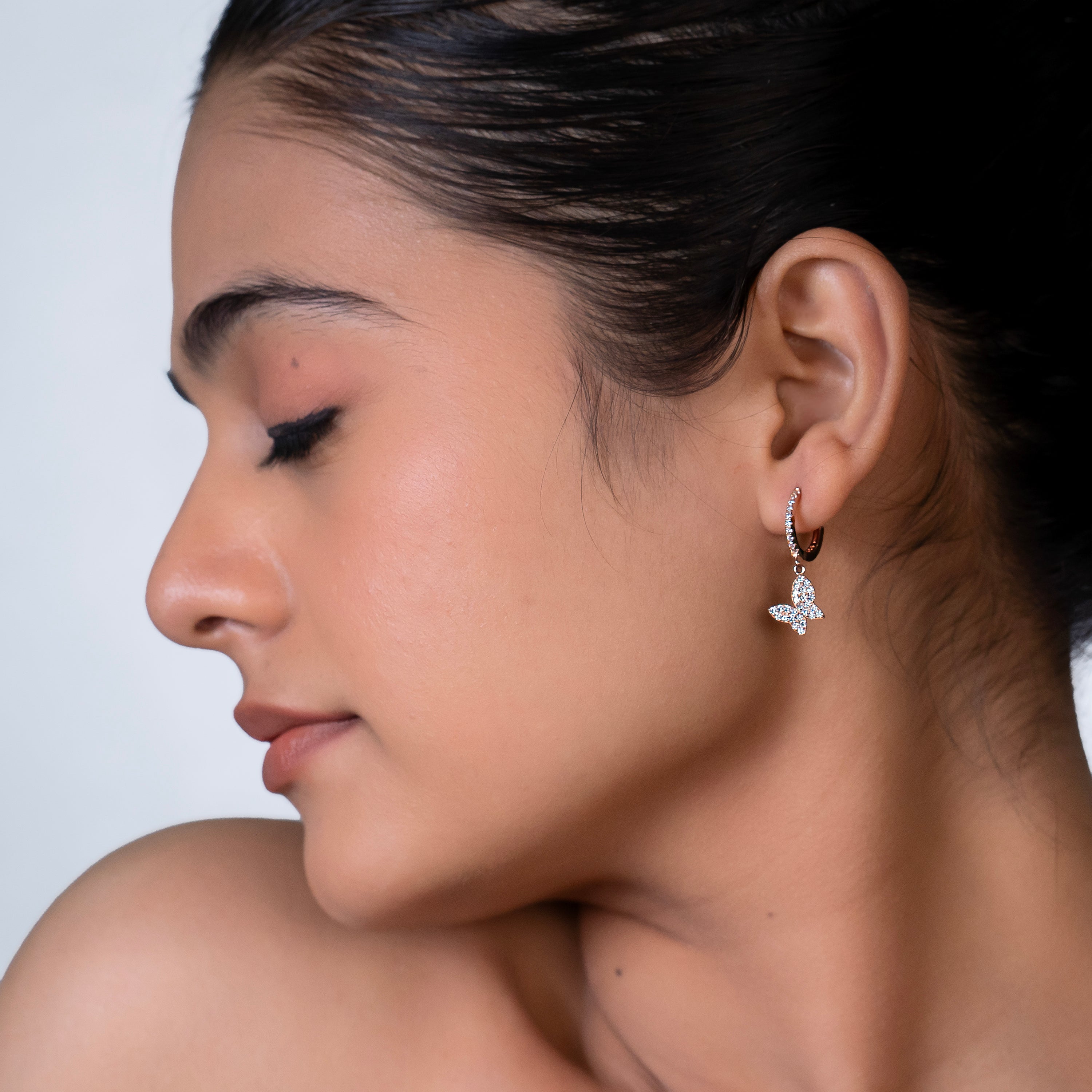 Rose Gold Butterfly Pavé Huggie Drops