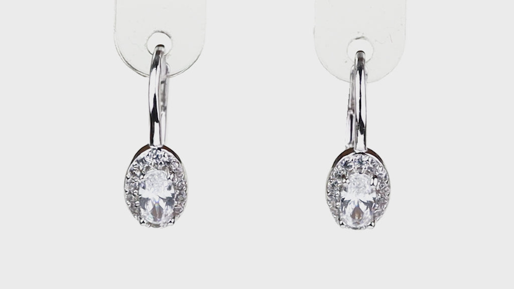 Silver Oval Halo Leverback Drops