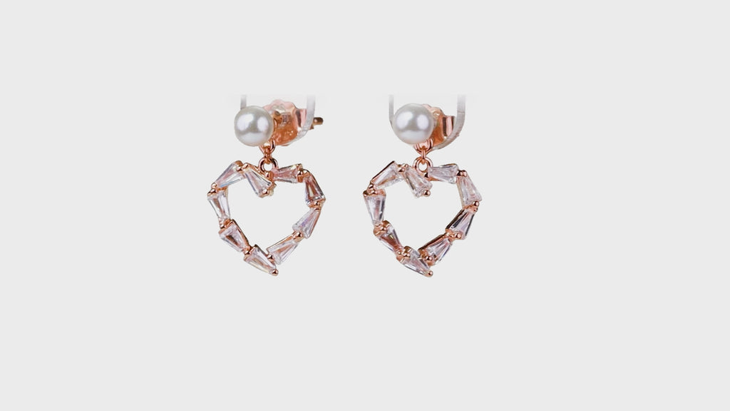 Rose gold Pearl Heart Baguette Drops